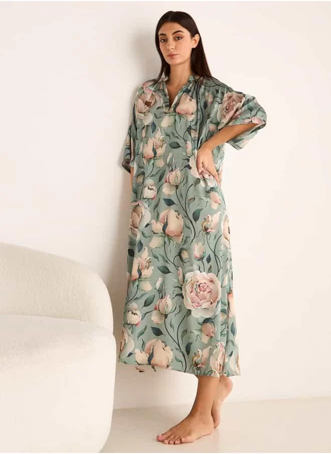 فاف Floral Print Night Dress with Collar and 3/4 Sleeves