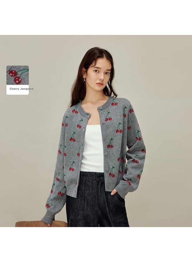 Inman Cherry Jacquard Red Knit Cardigan 26 Spring Women's New Year Sweater Coat Gray S - Image 1