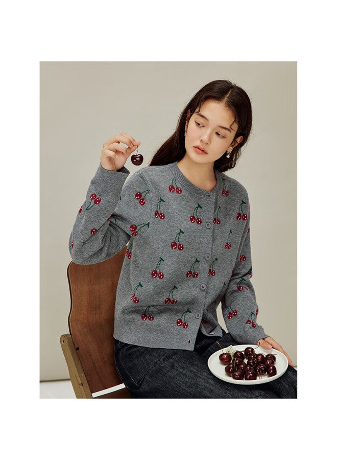 Inman Cherry Jacquard Red Knit Cardigan 26 Spring Women's New Year Sweater Coat Gray S - Image 2