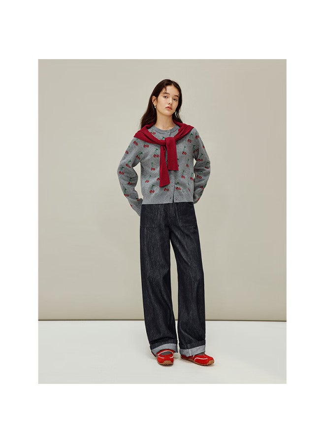 Inman Cherry Jacquard Red Knit Cardigan 26 Spring Women's New Year Sweater Coat Gray S - Image 3