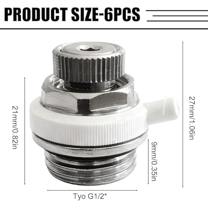 PACK OF 6 AUTOMATIC BLEEDING VALVES, 1/2 INCH, RADIATOR BLEED VALVE, AUTOMATIC RADIATOR BLEEDER WITH CHECK VALVE, AUTOMATIC RADIATOR BLEEDER FOR HEATING SYSTEMS - Image 3