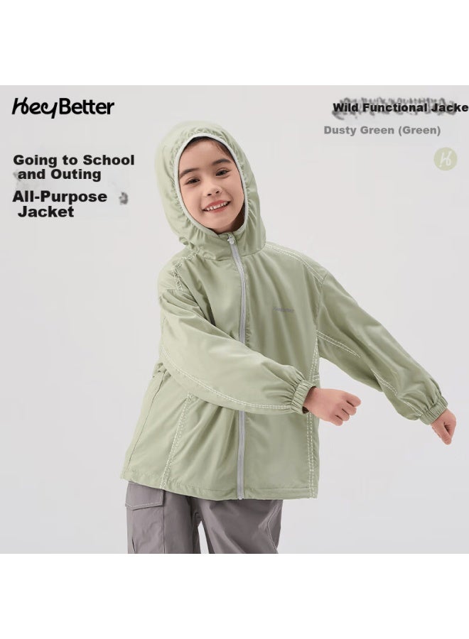 Heybetter Kids Outdoor Functional Hooded Jacket 1 Piece 6-in-1 Spring Summer Cooling Breathable Dusty Green 120 - Image 1