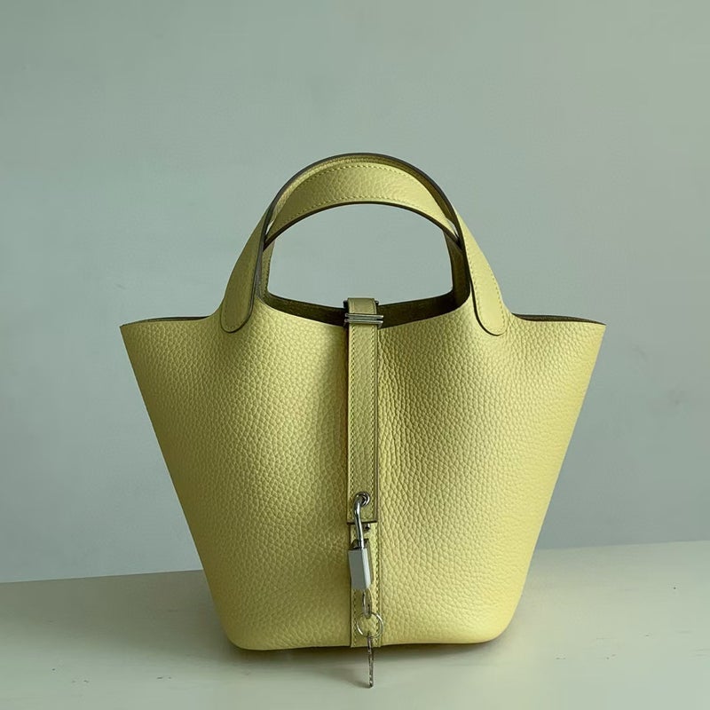 18cm Wax Line Hand Sewed TC Top Layer Cowhide Vegetable Basket Bag Bucket Bag Genuine Leather Womens Bag Handbag Chick yellow 