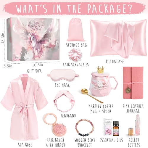Golray Gifts for Teen Girls Kids -13 Pcs Teenage Girl Basket with Satin Pillowcase/Spa Robe/Journal/Mug, Christmas Birthday Gifts Set for Women Daughter Sister Tween Toy Age 10 11 12 14-18 - Image 2