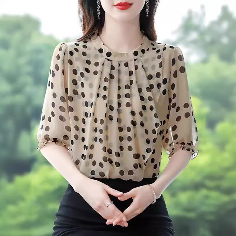 2024 New Chiffon Shirt Womens Summer Casual All-match Elegant Slim Shirt Western Style Short-sleeved Top Apricot - Image 3