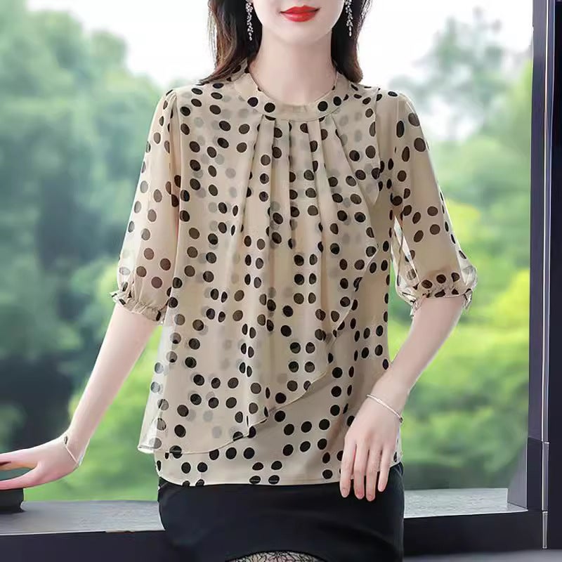 2024 New Chiffon Shirt Womens Summer Casual All-match Elegant Slim Shirt Western Style Short-sleeved Top Apricot - Image 5