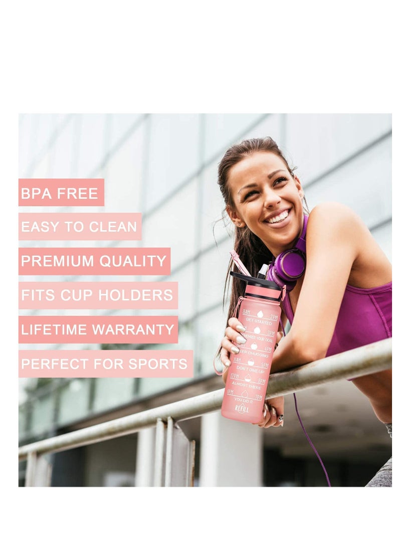 TYCOM Water Bottle 32oz Gym Bottle Sport Bottle Motivational Sports Bottle with Time Marker Leakproof Drinking Sport Gym Water Bottles for Fitness Gym Outdoor Handle Straw Pink  - Image 2