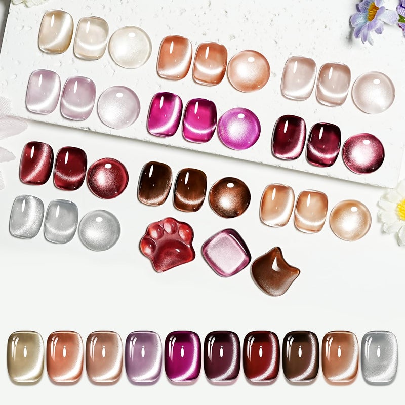 JODSONE Cat Eye Gel Nail Polish Set Pink Rose Red Sliver Collection 10 Colors Holographic Sparkle Cat Eye with Base Coat Top Coat Magnet DIY Nail Art Gift - Image 1