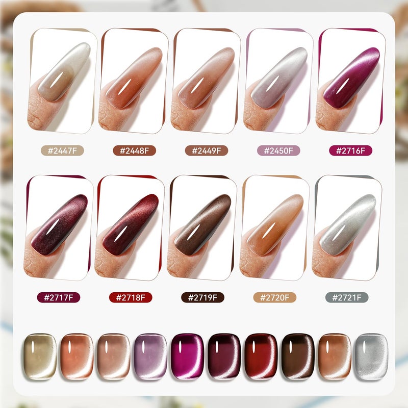 JODSONE Cat Eye Gel Nail Polish Set Pink Rose Red Sliver Collection 10 Colors Holographic Sparkle Cat Eye with Base Coat Top Coat Magnet DIY Nail Art Gift - Image 3
