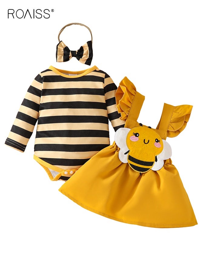 رويس مجموعة ملابس للأطفال البنات مكونة من 3 قطع، ملابس أنيقة للمواليد الجدد مع رومبر مخطط، تنورة على شكل نحلة وعصابة رأس، رومبر بأكمام طويلة وتنورة بحمالات للأطفال البنات، مناسبة لحفلات الزفاف والعروض والأنشطة الخارجية. - Image 1