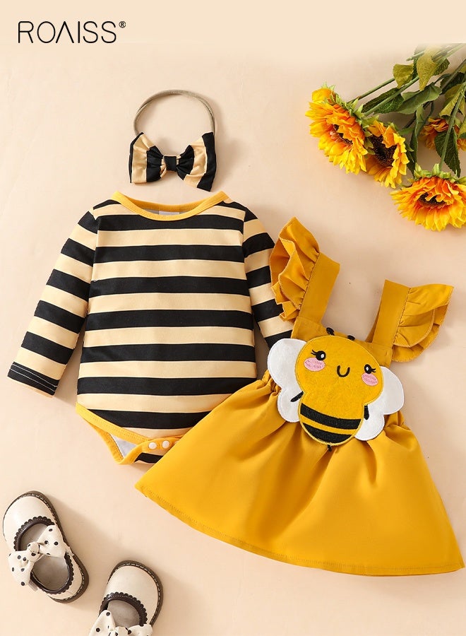 رويس مجموعة ملابس للأطفال البنات مكونة من 3 قطع، ملابس أنيقة للمواليد الجدد مع رومبر مخطط، تنورة على شكل نحلة وعصابة رأس، رومبر بأكمام طويلة وتنورة بحمالات للأطفال البنات، مناسبة لحفلات الزفاف والعروض والأنشطة الخارجية. - Image 2