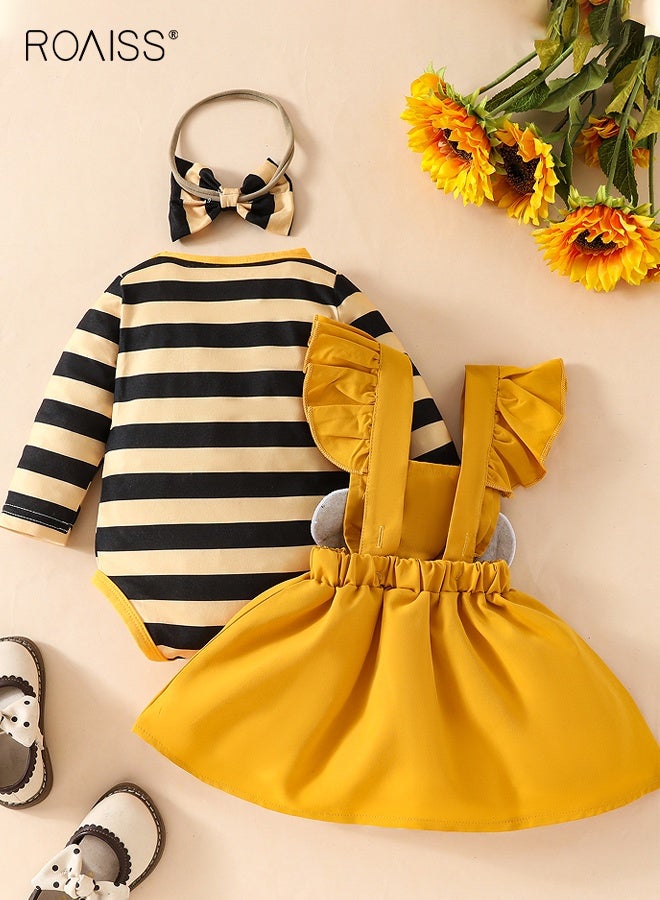 رويس مجموعة ملابس للأطفال البنات مكونة من 3 قطع، ملابس أنيقة للمواليد الجدد مع رومبر مخطط، تنورة على شكل نحلة وعصابة رأس، رومبر بأكمام طويلة وتنورة بحمالات للأطفال البنات، مناسبة لحفلات الزفاف والعروض والأنشطة الخارجية. - Image 3