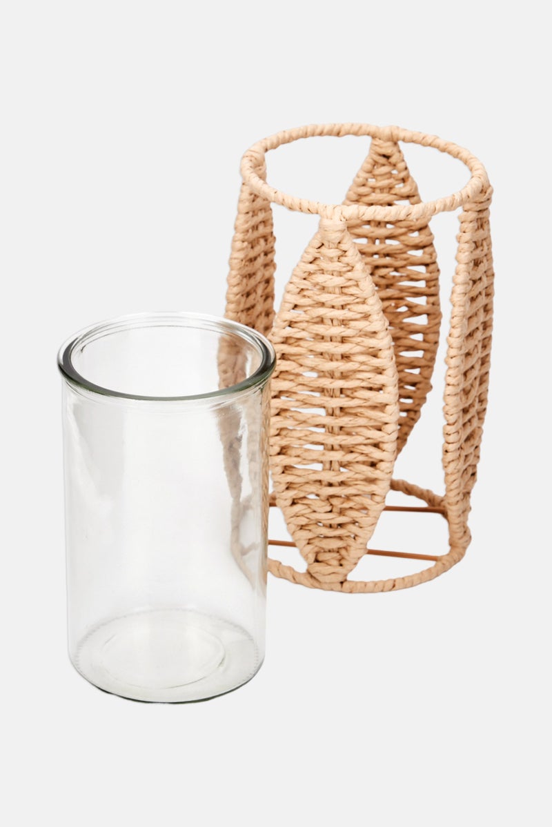 Muy Mucho Natural Fiber With Glass Candle Holder, Beige  - Image 2