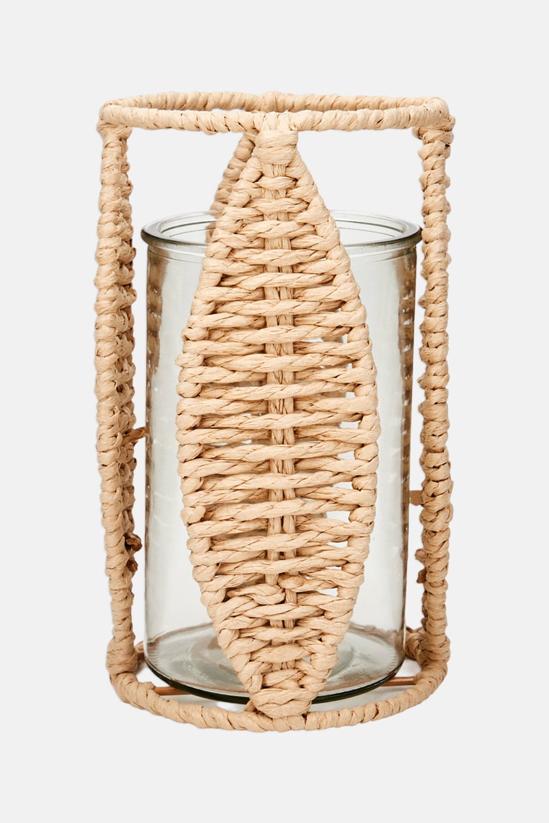 Muy Mucho Natural Fiber With Glass Candle Holder, Beige  - Image 1