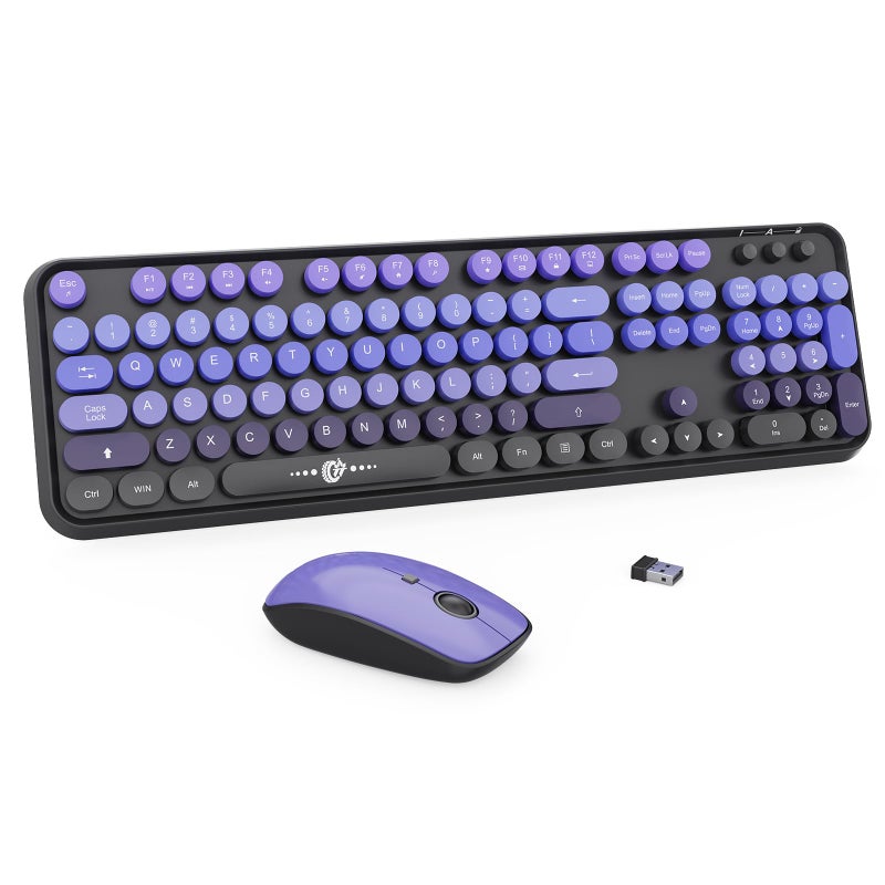 FOPETT Wireless Keyboard and Mouse Combo - 2.4G Full-Sized Cute Colorful Mouse and Keyboard with 104 Round Keys Retro Typewriter Keyboard for Laptop/Windows/PC - Black Purple - Image 1