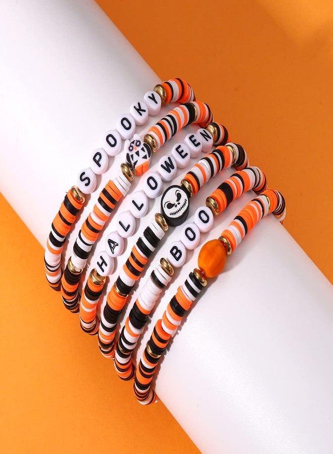 boderier Halloween Heishi Bracelet Set Stack Spooky BOO Vinyl Disc Bead Surfer Stretch Bracelet Halloween Costumes Bracelet Jewelry (Halloween 6pcs) - Image 2