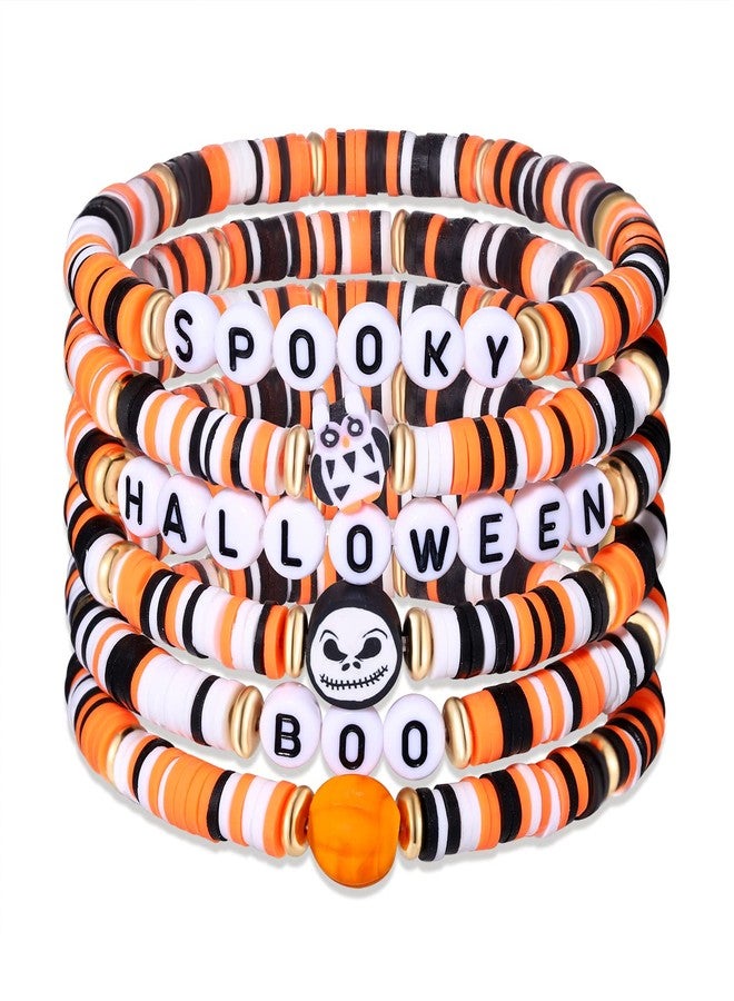 boderier Halloween Heishi Bracelet Set Stack Spooky BOO Vinyl Disc Bead Surfer Stretch Bracelet Halloween Costumes Bracelet Jewelry (Halloween 6pcs) - Image 1