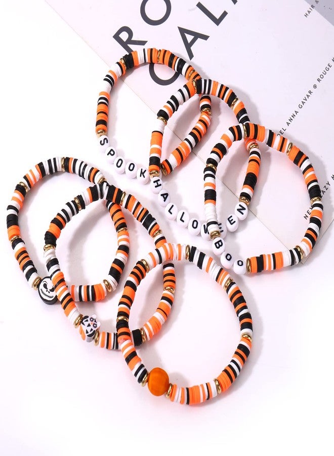 boderier Halloween Heishi Bracelet Set Stack Spooky BOO Vinyl Disc Bead Surfer Stretch Bracelet Halloween Costumes Bracelet Jewelry (Halloween 6pcs) - Image 3