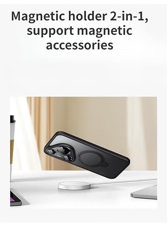 Magnetic Case Compatible with Huawei Pura 70 Pro 5G, With 360° Rotating Stand, Anti-Fingerprints, Anti-Fall Drop Protection, Supports Wireless Charging, Frosted Magnetic Phone Case (Black) - Image 2