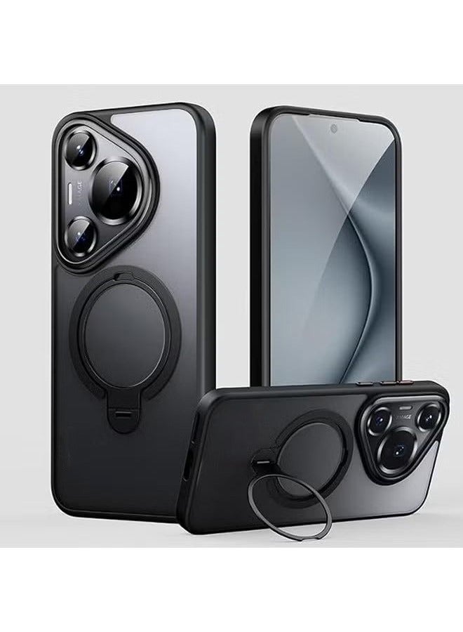 Magnetic Case Compatible with Huawei Pura 70 Pro 5G, With 360° Rotating Stand, Anti-Fingerprints, Anti-Fall Drop Protection, Supports Wireless Charging, Frosted Magnetic Phone Case (Black) - Image 1
