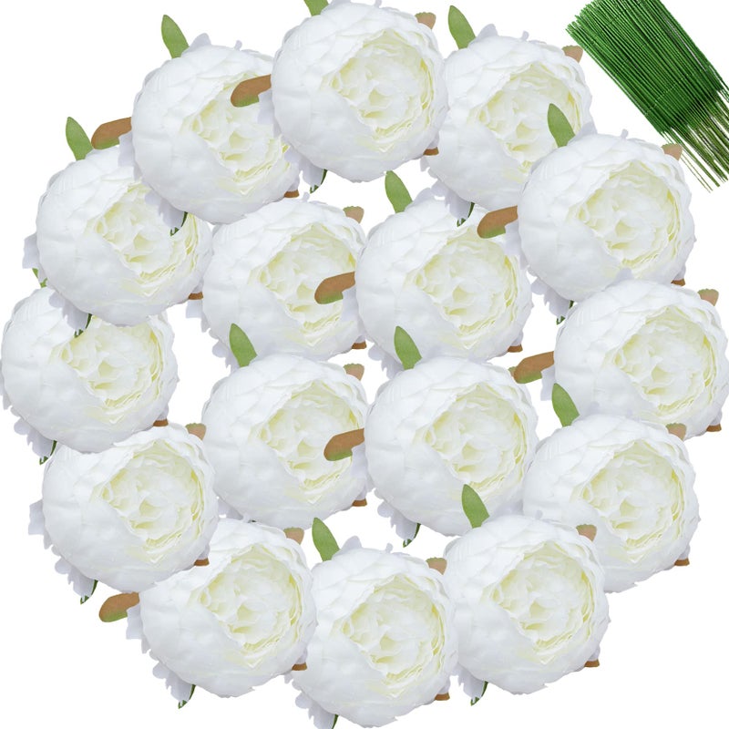 FagusHome 25 Pcs Silk Peony Artificial Flower Heads 4 inch Fake Peony Flowers Heads with Stems Artificial Peony Flower Heads in Bulk Wholesale for Wedding Home Decor Off White
