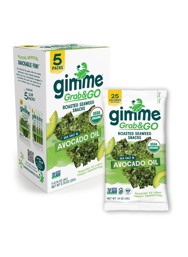 Gimme وجبات خفيفة من الأعشاب البحرية المحمصة العضوية الممتازة من جيمي، ملح البحر وزيت الأفوكادو، 5 قطع بدون صينية، كيتو، نباتي، خالي من الغلوتين، مصدر لأوميغا 3، وجبة خفيفة صحية أثناء التنقل للأطفال والبالغين - Image 1