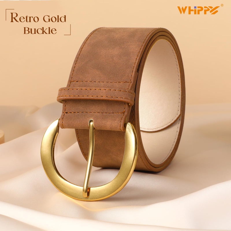 WHIPPY Womenâ€™s Wide Leather Belt for Dresses Fashion Casual Laides Thick Suede Belt with Gold Buckle, Brown, M - Image 2
