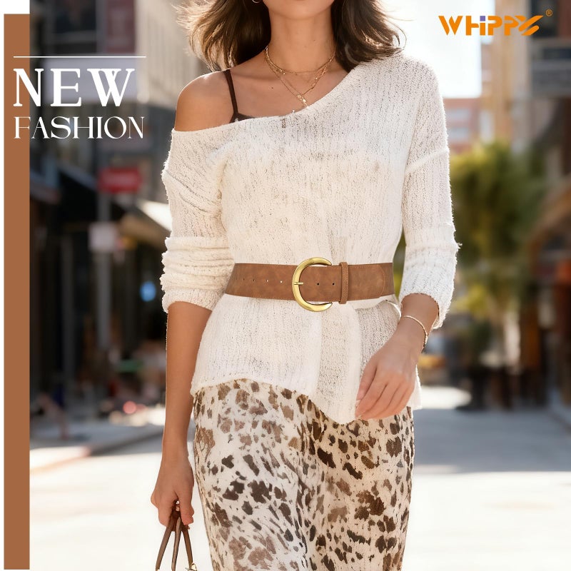 WHIPPY Womenâ€™s Wide Leather Belt for Dresses Fashion Casual Laides Thick Suede Belt with Gold Buckle, Brown, M - Image 4