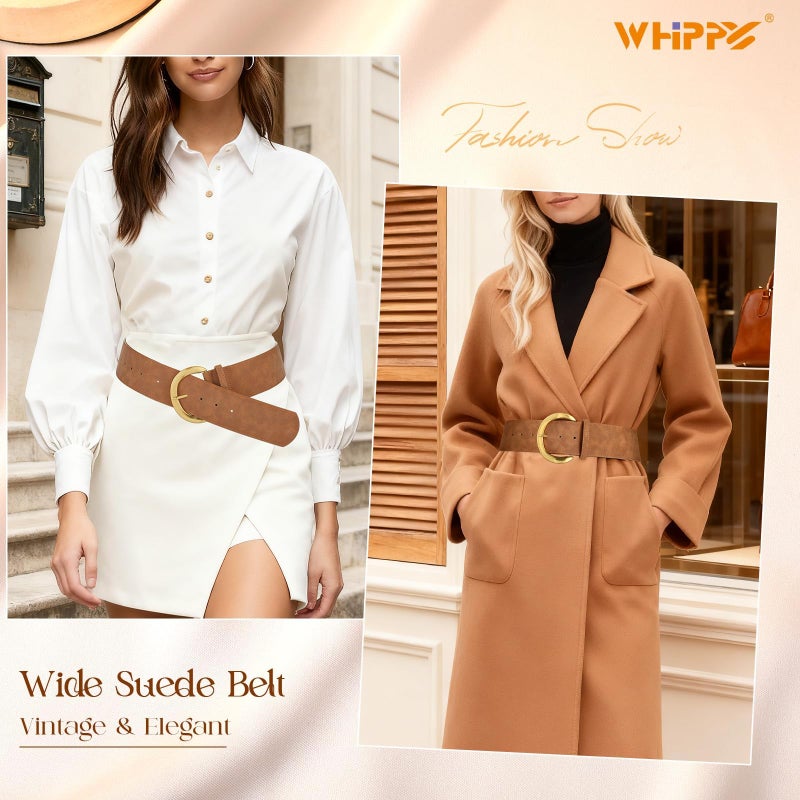 WHIPPY Womenâ€™s Wide Leather Belt for Dresses Fashion Casual Laides Thick Suede Belt with Gold Buckle, Brown, M - Image 3