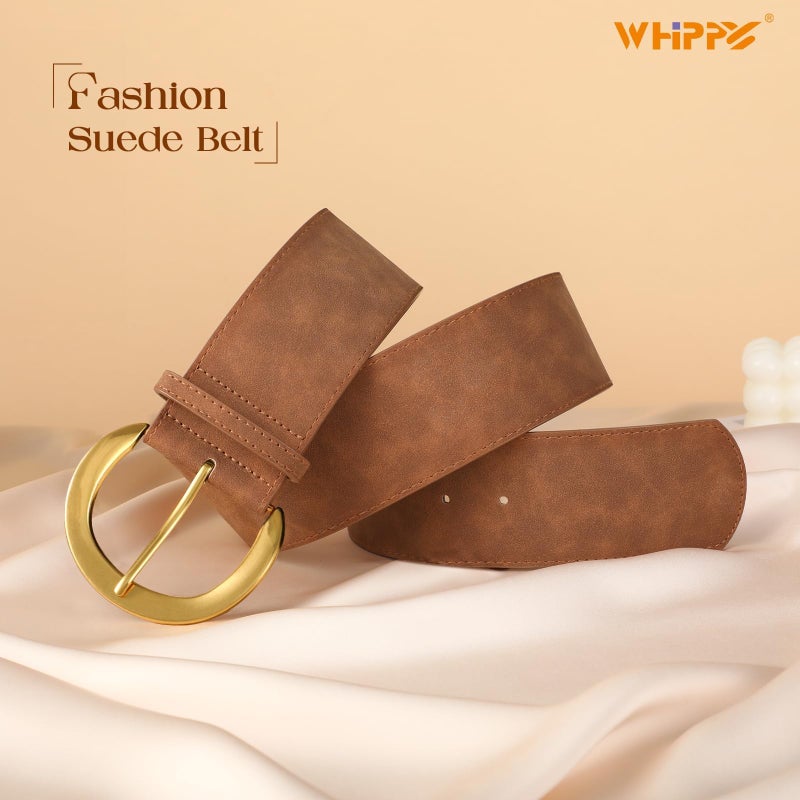 WHIPPY Womenâ€™s Wide Leather Belt for Dresses Fashion Casual Laides Thick Suede Belt with Gold Buckle, Brown, M - Image 5