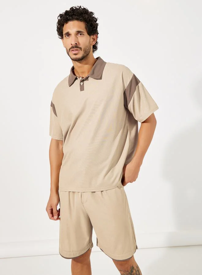 Styli Contrast Panel Dropped Shoulder Polo & Shorts Co-Ords
