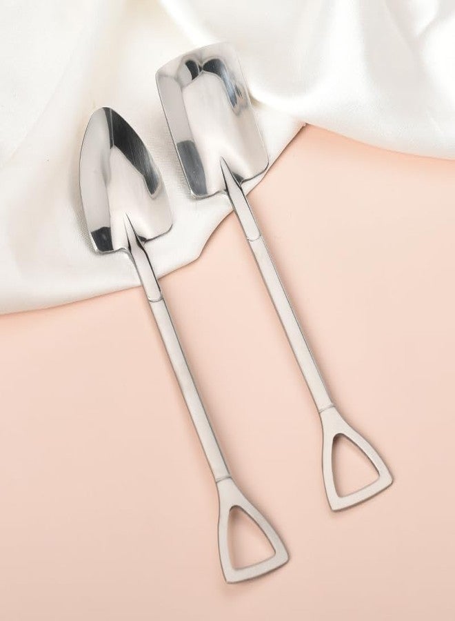 YangQian 2pcs Silver Shovel Spoons Set - Square & Pointed Dessert Spoons - Stainless Steel - Ice Cream, Cake, Melon Spoon - Silverware Set - Image 4