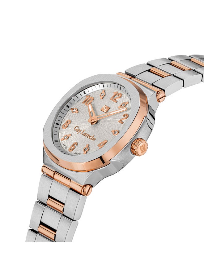 Guy Laroche Charlie 33mm Ladies Swiss Quartz Watch with White Silver Swirl Sunray Dial, Rose Gold-Plated Bracelet & Sapphire Glass  - Image 2