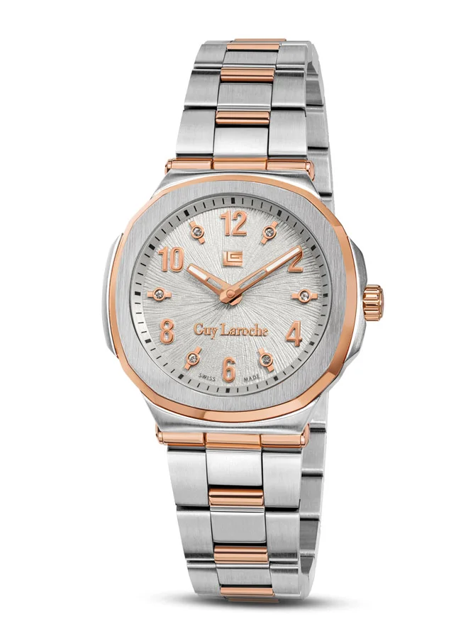 غاي لاروش Charlie 33mm Ladies Swiss Quartz Watch with White Silver Swirl Sunray Dial, Rose Gold-Plated Bracelet & Sapphire Glass