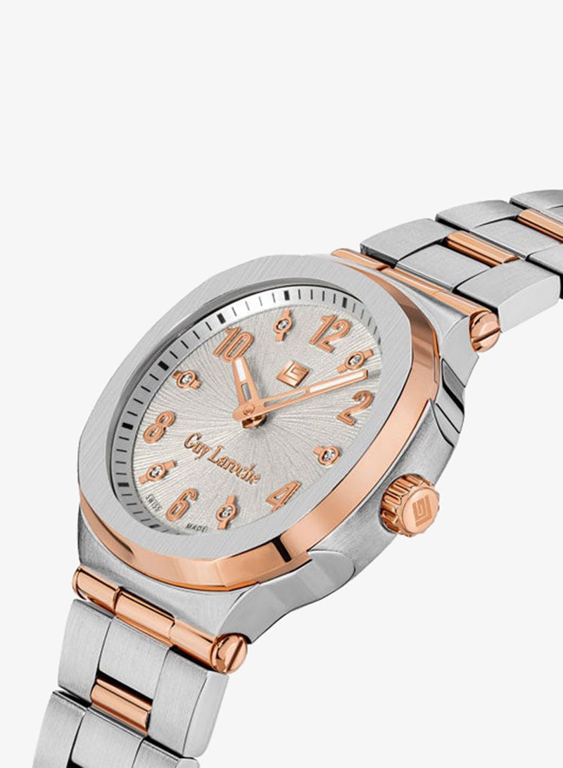 Guy Laroche Charlie 33mm Ladies Swiss Quartz Watch with White Silver Swirl Sunray Dial, Rose Gold-Plated Bracelet & Sapphire Glass - Image 2