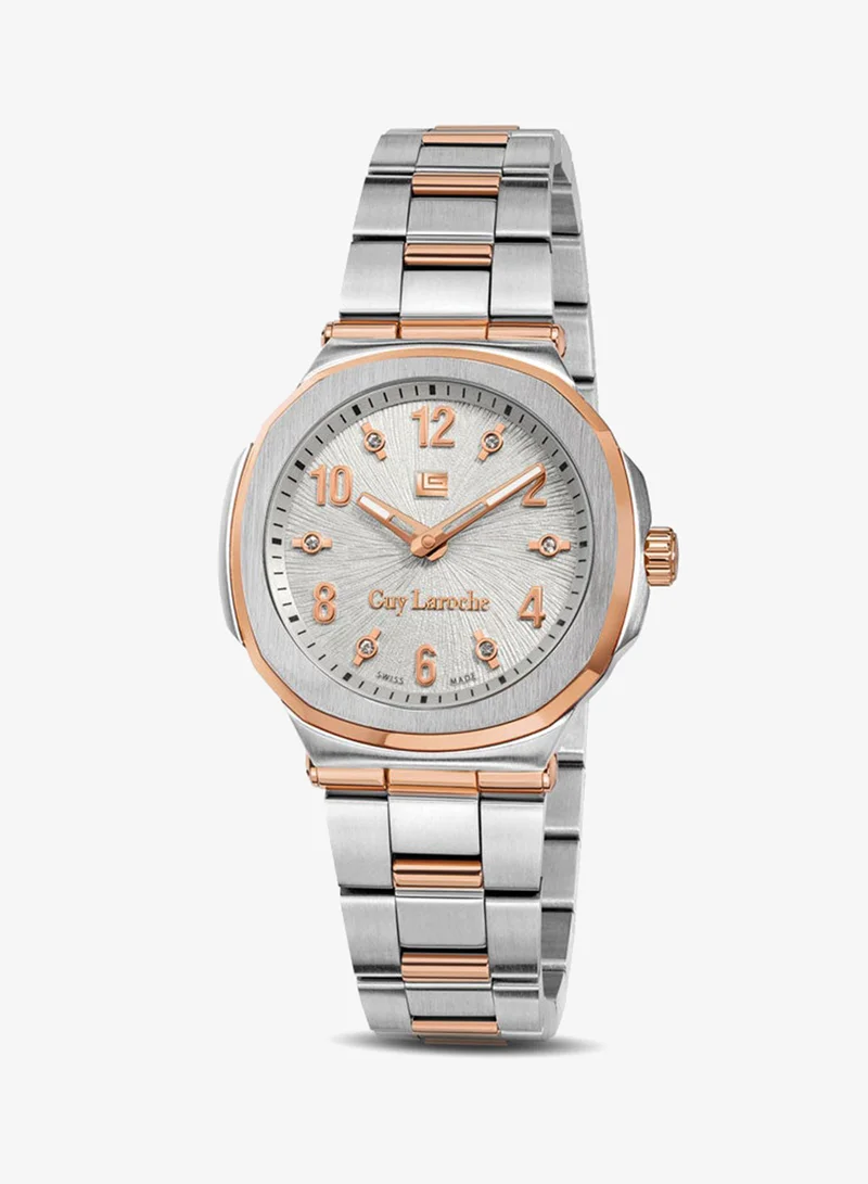 Guy Laroche Charlie 33mm Ladies Swiss Quartz Watch with White Silver Swirl Sunray Dial, Rose Gold-Plated Bracelet & Sapphire Glass