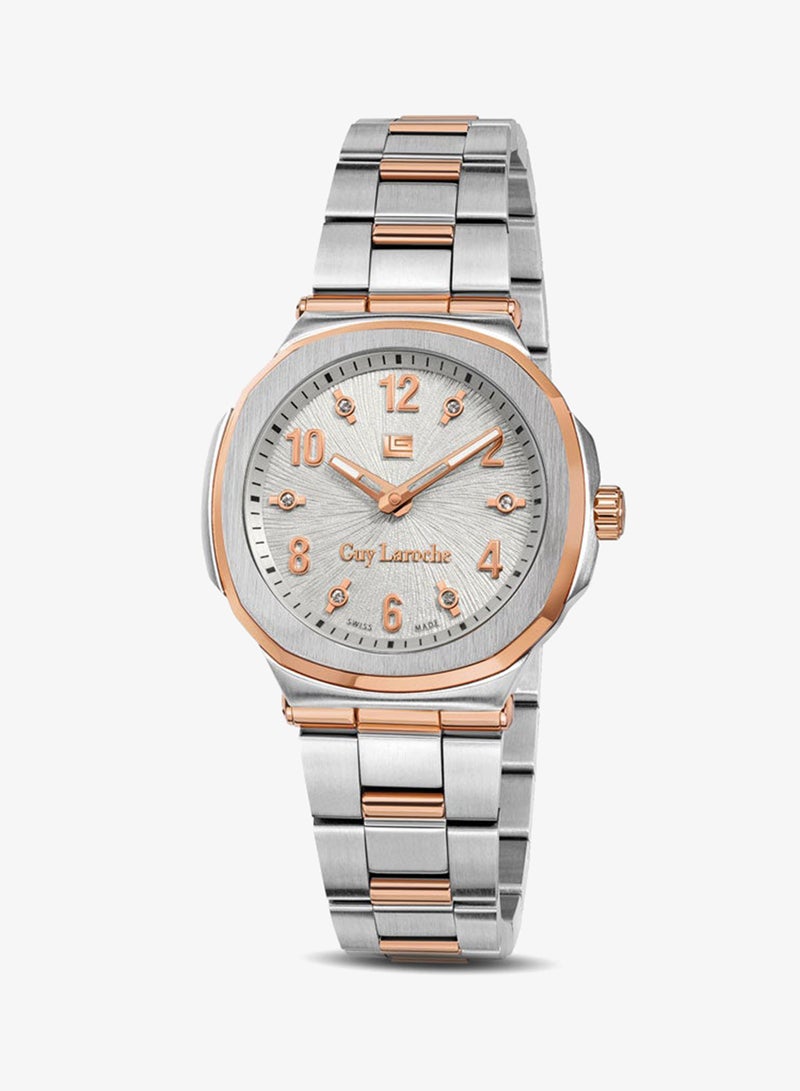 Guy Laroche Charlie 33mm Ladies Swiss Quartz Watch with White Silver Swirl Sunray Dial, Rose Gold-Plated Bracelet & Sapphire Glass - Image 1