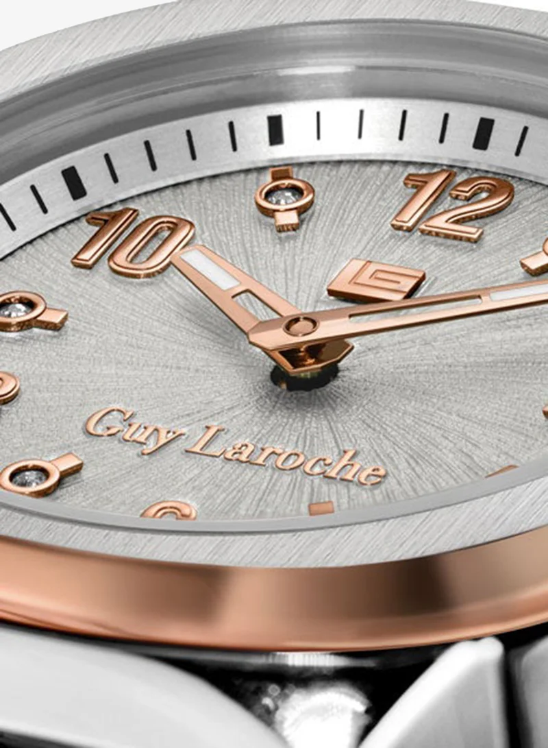 Guy Laroche Silver/Rose Gold Plated 2 Charlie 33mm Ladies Swiss Quartz Watch with White Silver Swirl Sunray Dial, Rose Gold-Plated Bracelet & Sapphire Glass for Women | Best Price UAE