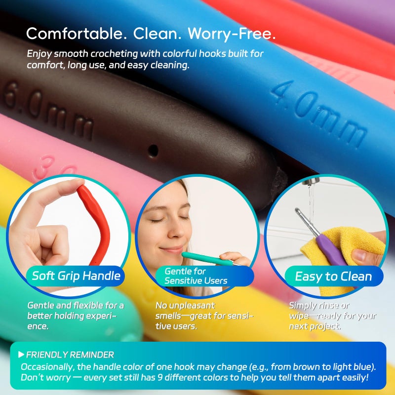 Flickzo 9PCS Ergonomic Crochet Hooks Set by Flickzo â€“ Aluminum Crochet Hook Set with Soft Silicone Handles (2-6mm), Crochet Kit for Beginners with Crochet Tools & Knitting Accessories - Image 4