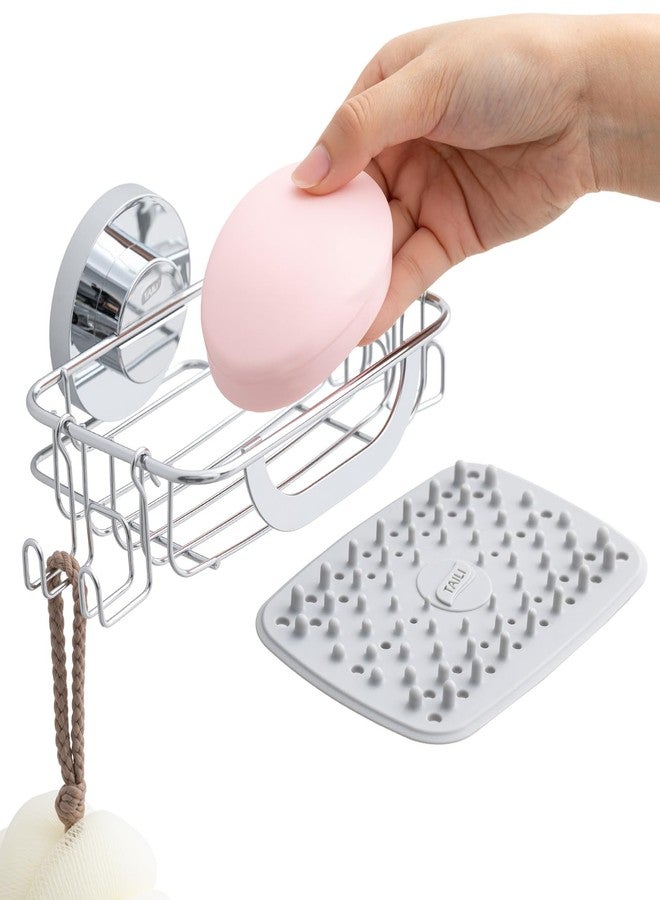 TAILI Bar Soap Holder Suction Cup with Hooks and Silicone Soap Saver Pad for Bath Shower Wall, Shampoo Caddy for Bathroom, Tub, Kitchen, Rustproof Stainless Steel Sponge Holder, Silver - Image 1