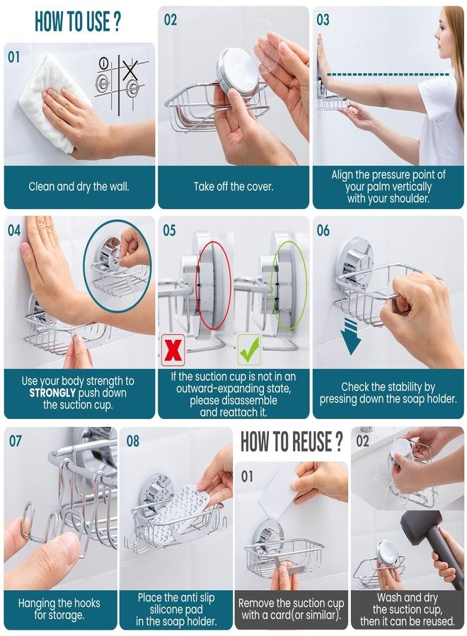 TAILI Bar Soap Holder Suction Cup with Hooks and Silicone Soap Saver Pad for Bath Shower Wall, Shampoo Caddy for Bathroom, Tub, Kitchen, Rustproof Stainless Steel Sponge Holder, Silver - Image 4