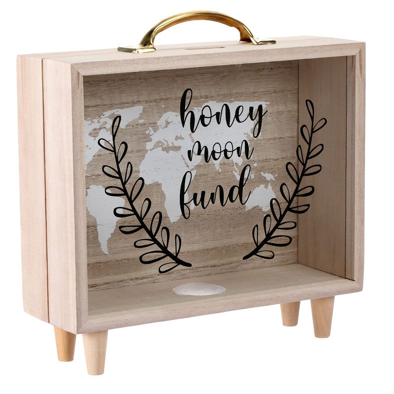 Vesici Travel Fund Box Vacation Decorative Savings Box Suitcase Wooden Money Coin Bank for Adults Vacation Wedding 8 x 73 x 28 InchHoneymoon Fund