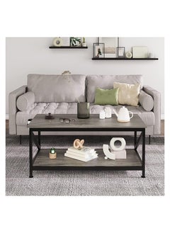 SKY-TOUCH Coffee Table with Storage Shelf,Modern Central Table with 2 Tier Shelves,Black Metal Table Legs, Wooden Tabletop and Metal Frame,Industrial Wooden Coffee Table,100 * 55cm  - Image 2