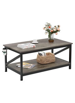 SKY-TOUCH Coffee Table with Storage Shelf,Modern Central Table with 2 Tier Shelves,Black Metal Table Legs, Wooden Tabletop and Metal Frame,Industrial Wooden Coffee Table,100 * 55cm  - Image 1