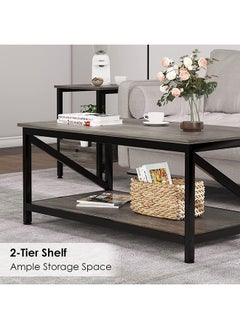 SKY-TOUCH Coffee Table with Storage Shelf,Modern Central Table with 2 Tier Shelves,Black Metal Table Legs, Wooden Tabletop and Metal Frame,Industrial Wooden Coffee Table,100 * 55cm  - Image 5