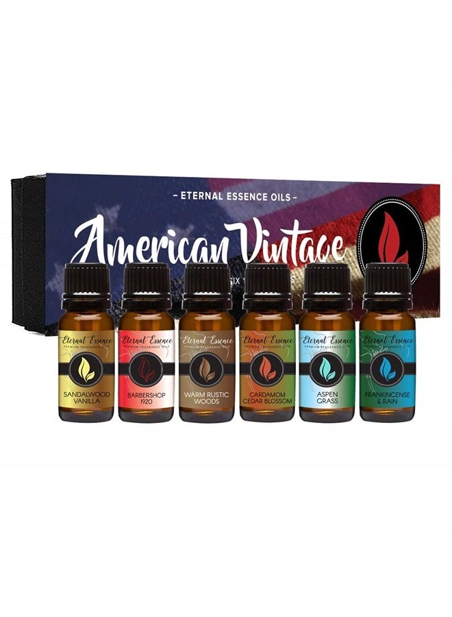Eternal Essence Oils American Vintage - Gift Set of 6 Premium Fragrance Oils - Sandalwood Vanilla, Frankincense & Rain, Cardamom Cedar Blossom, Aspen Grass, Warm Rustic Woods, Barbershop 1920 - Eternal Essence Oils  - Image 1