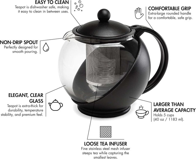 Primula Half Moon Teapot with Removable Infuser - 40-Ounce Glass Tea Maker with Stainless Steel Filter, Black - Image 5