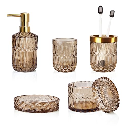 LaMarriti Brown Bathroom Accessories Set, 5Pcs Clear Glass Bathroom Accessories, Lotion Soap Dispenser, Toothbrush Holder Set, Soap Dish, Qtip Holder, Tumbler for Vintage Bathroom Decor, Gift Set - Image 1