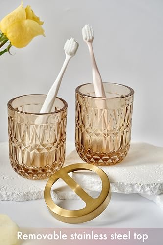 LaMarriti Brown Bathroom Accessories Set, 5Pcs Clear Glass Bathroom Accessories, Lotion Soap Dispenser, Toothbrush Holder Set, Soap Dish, Qtip Holder, Tumbler for Vintage Bathroom Decor, Gift Set - Image 5