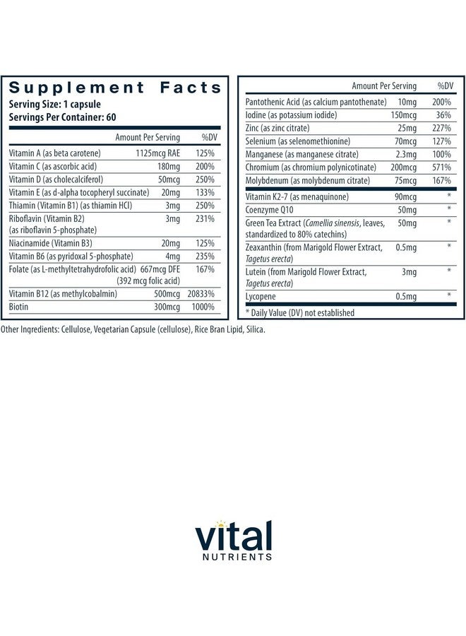 Vital Nutrients فيتامينات متعددة يومية حيوية | متعددة نباتية للنساء والرجال | خالية من مسببات الحساسية | 19 فيتامين أساسي + مضادات الأكسدة لصحة العين والقلب | خالية من الجلوتين والألبان وفول الصويا | 60 كبسولة - Image 2